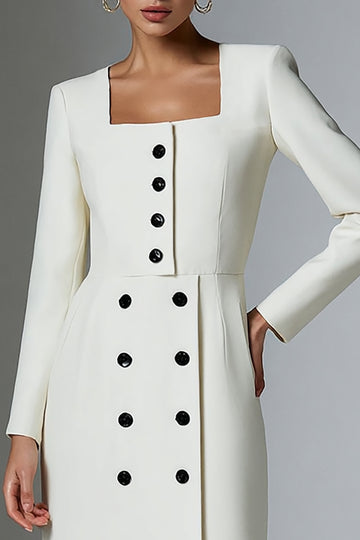 Sheath Ivory Long Sleeve Square Neck Work Dress